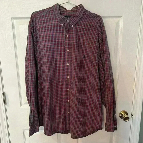 Ralph Lauren Men’s XXL 2XL Button Down Plaid Shirt Red with Gold and Green GUC - Picture 1 of 4